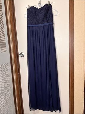 David's Bridal Navy Lace Strapless Maxi Dress